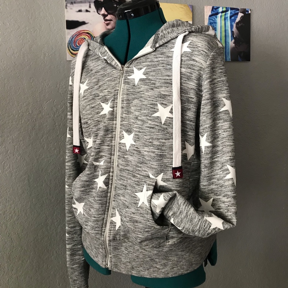 Large white stars on grey hoodie, zip up sweater.